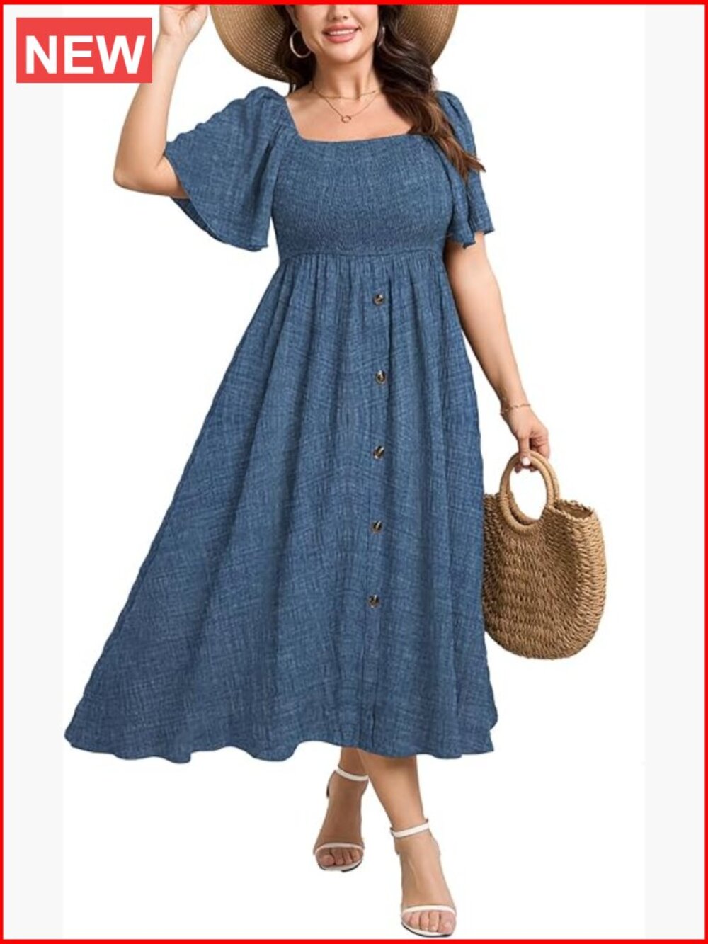 Plus Size Maxi Boho Dress Square Neck Smocked Short Sleeve Button Down Beach